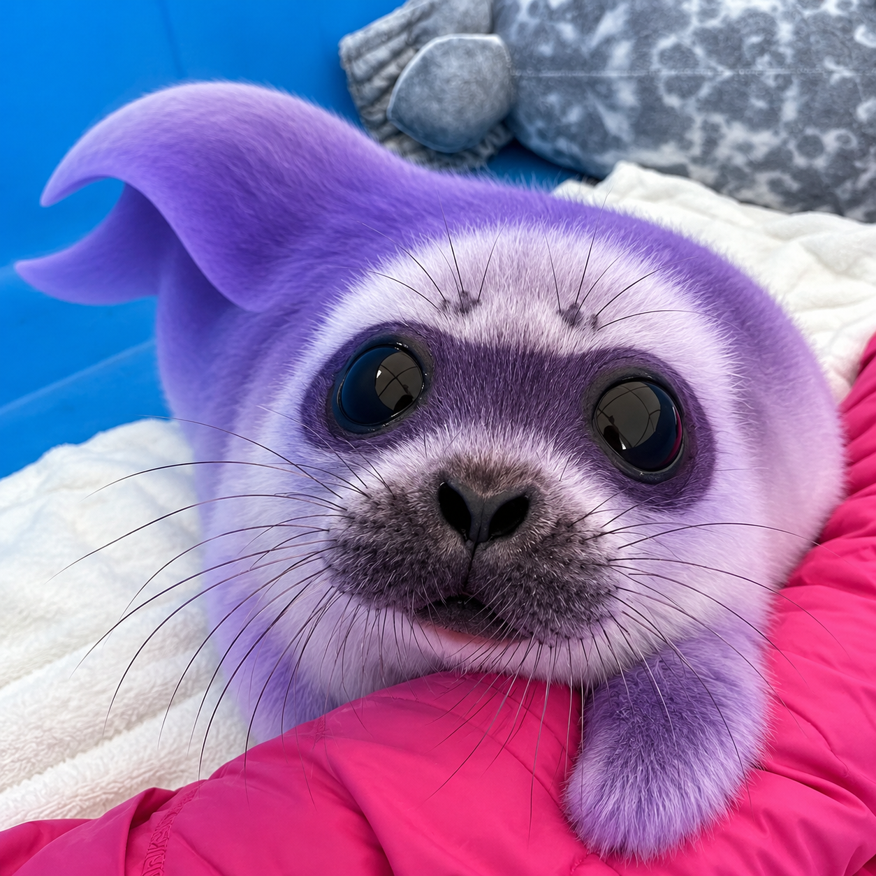 A fluffy purple baby seal with glossy eyes resting on a pink jacket